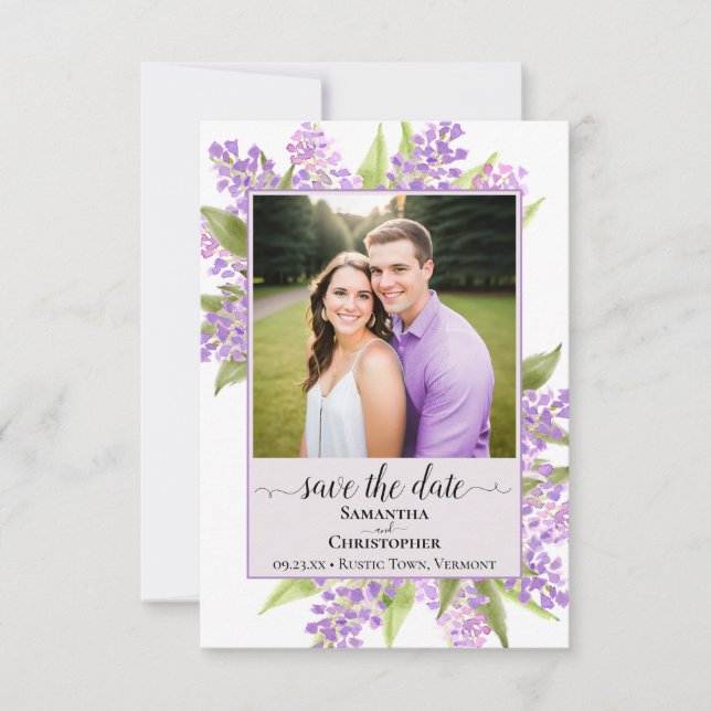 Reserve A Data Casamento Aquarela Rústica Lilases & Foto Lavanda (Frente)