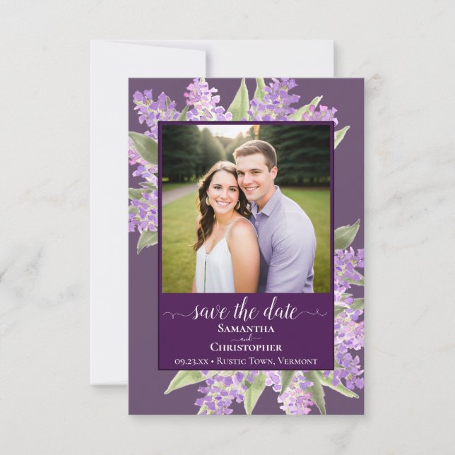 Reserve A Data Casamento Aquarela Rústica Lilases & Foto Roxo (Frente)