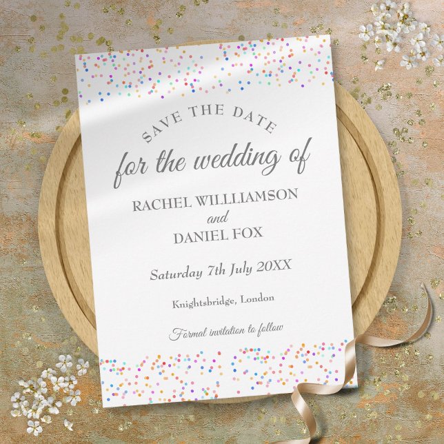 Reserve A Data Casamento Arco-Íris Romântico com Confetes (Romantic Rainbow Confetti Wedding Save The Date)