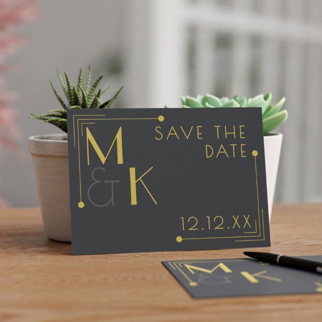 Reserve A Data Casamento Art Deco dos anos 20 Elegante Preto Salv (Get your glad rags on! Send this save the date for your 1920's Gatsby Wedding)