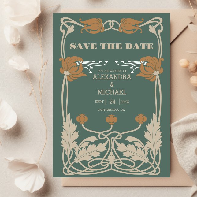 Reserve A Data Casamento Art Nouveau Verde (Criador carregado)