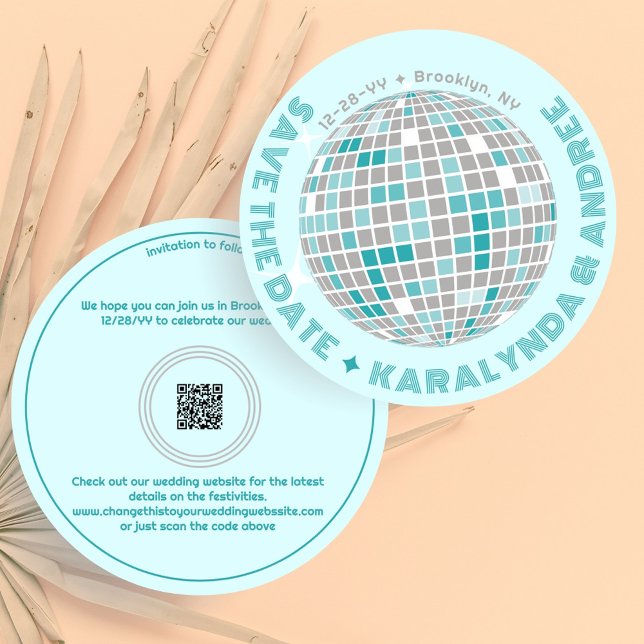 Reserve A Data Casamento Azul Arredondado Elegante Disco Ball (Elegant disco ball round Save the Date in light teal with QR code)