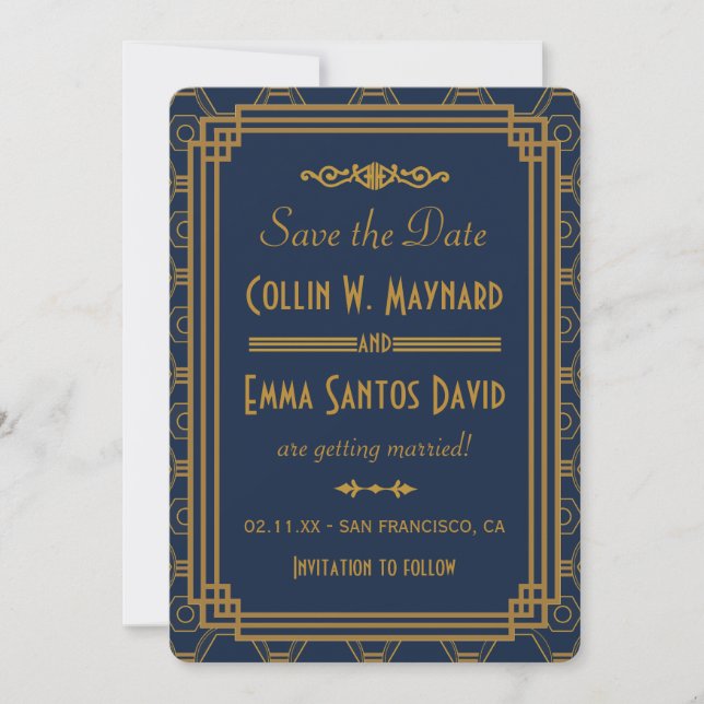 Reserve A Data Casamento Azul Art Deco Salve a Data (Frente)