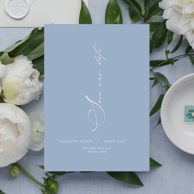 Reserve A Data Casamento Azul com Dusty Calliografia Moderna (elegant script dusty blue wedding invitation card, dainty blue wedding save date card, timeless )