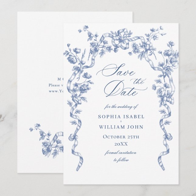 Reserve A Data Casamento Azul com Grace Floral Dusty, Ornamentado (Frente/Verso)