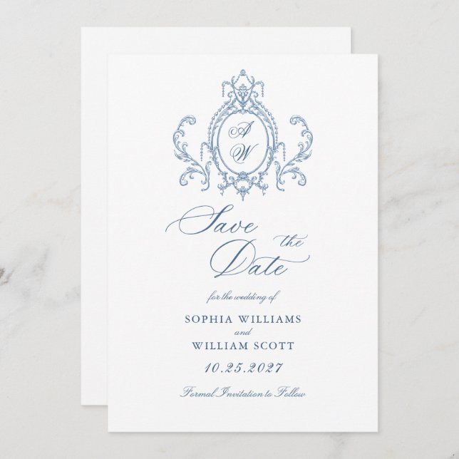 Reserve A Data Casamento Azul com Grace Floral Dusty, Ornamentado (Frente/Verso)