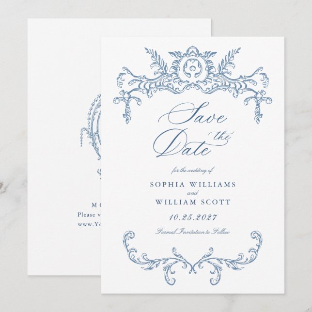 Reserve A Data Casamento Azul com Grace Floral Dusty, Ornamentado (Frente/Verso)