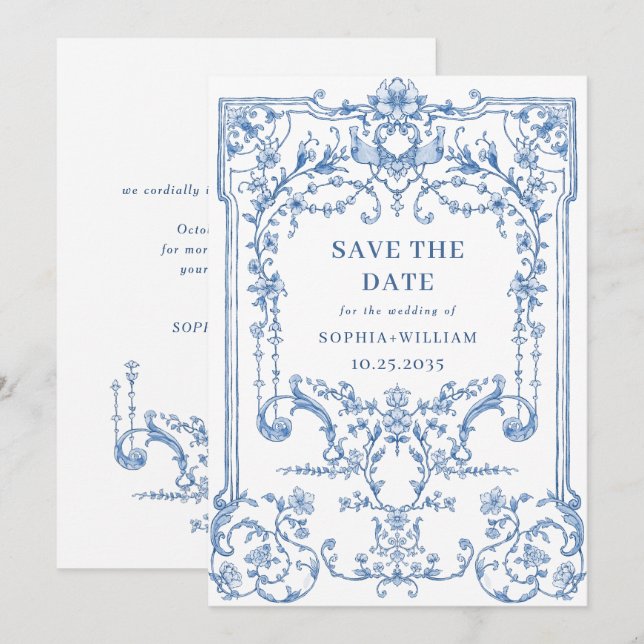 Reserve A Data Casamento Azul com Grace Floral Dusty, Ornamentado (Frente/Verso)