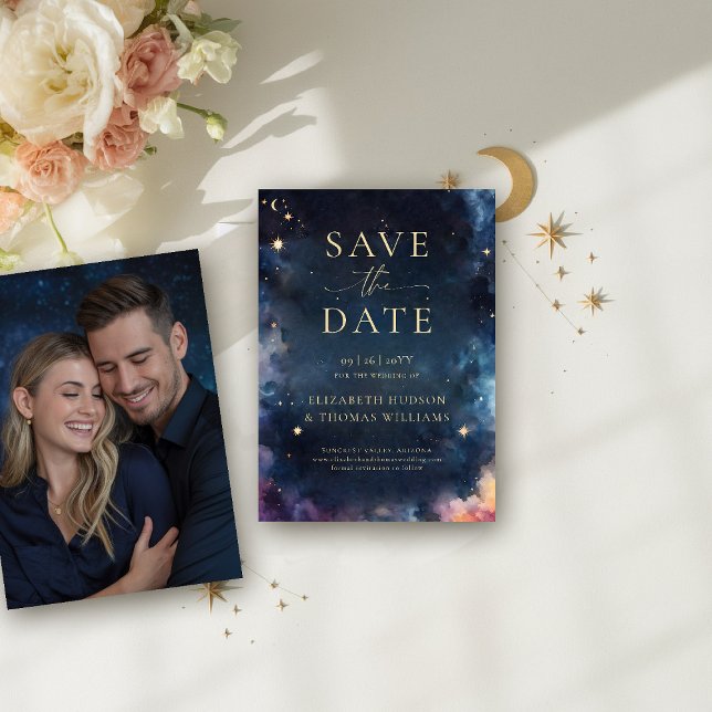 Reserve A Data Casamento Azul da Meia-Noite Celestial Salve a Dat (celestial wedding save the date photo template watercolor starry night midnight night sky galaxy)