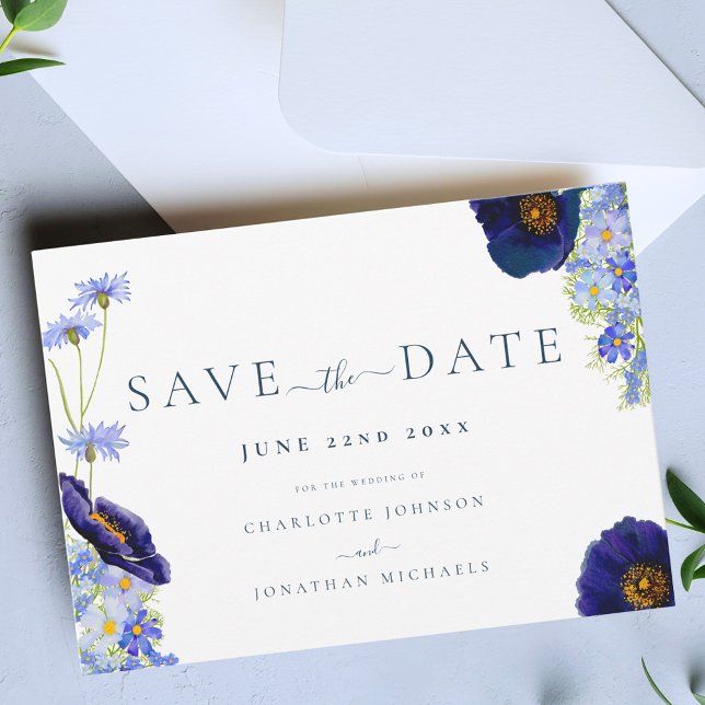 Reserve A Data Casamento Azul de Flor Silvestre Moderna (Elegant wildflower watercolor blue wedding save the date invitation boho Garden meadow flowers)