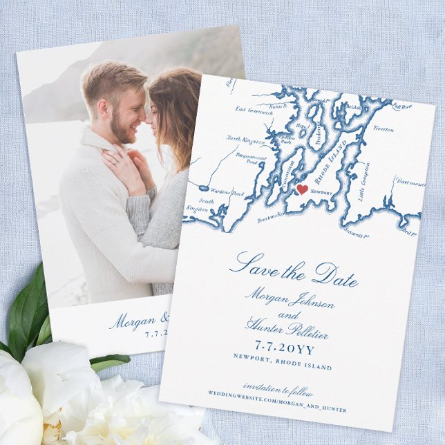 Reserve A Data Casamento Azul de Marinho Elegante da Ilha de Newp (Newport RI Map Wedding Save the Date with Photo in elegant navy blue from Coastal Map Designs)