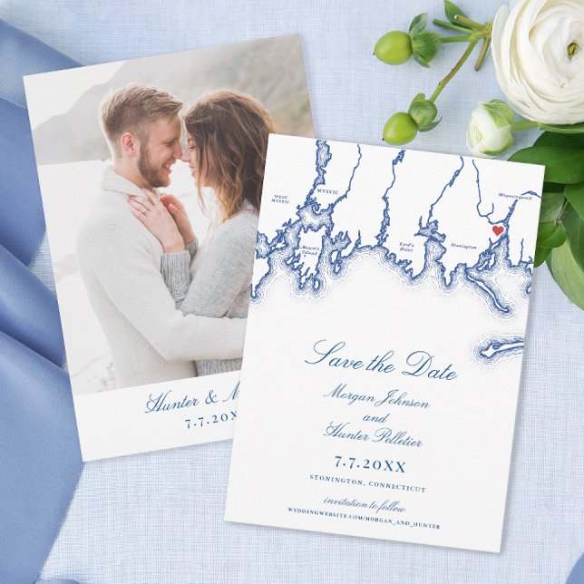 Reserve A Data Casamento Azul de Marinho Elegante do Mapa CT Ston (Stonington CT Map Wedding Save the Dates with Photo in elegant navy blue from Coastal Map Designs)