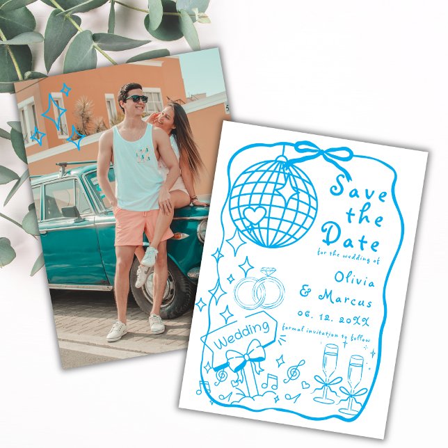 Reserve A Data Casamento Azul de Porte Desenhado à Mão Branca (Criador carregado)