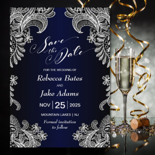 Reserve A Data Casamento Azul de rendas Brancas Elegante