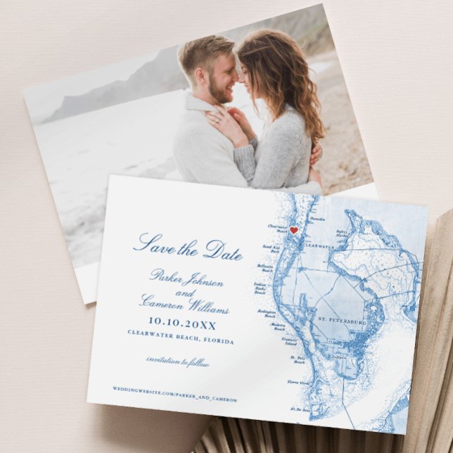 Reserve A Data Casamento Azul do Mapa Elegante do Marinho da Prai (Clearwater Beach FL Map Wedding Save the Date in Elegant Navy Blue from Coastal Map Designs)