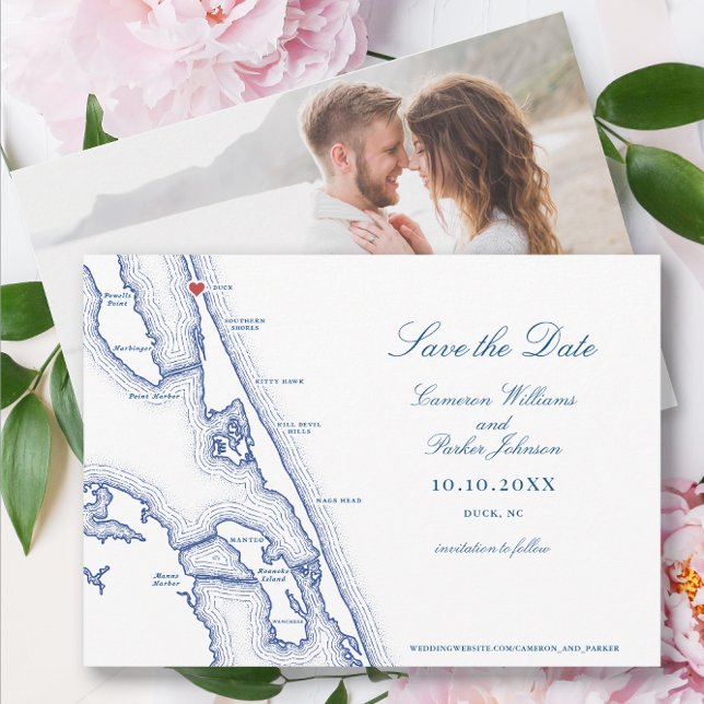 Reserve A Data Casamento Azul do Mapa Elegante do Marinho do Duck (Duck NC Wedding Save the Date for an elegant navy blue Outer Banks Wedding by Coastal Map Designs)