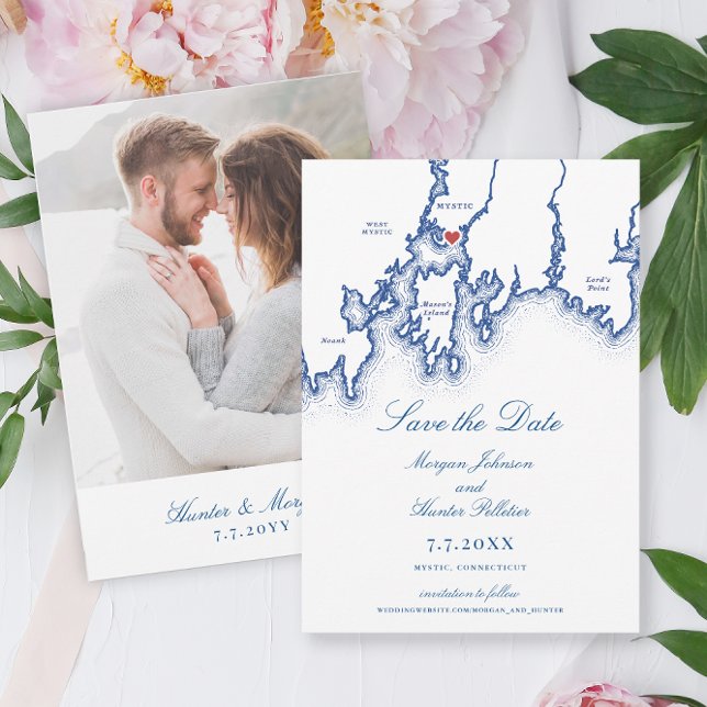 Reserve A Data Casamento Azul do Mapa Elegante do Marinho Mystic  (Mystic CT Map Save the Date ifor an elegant navy blue Connecticut wedding by Coastal Map Designs)