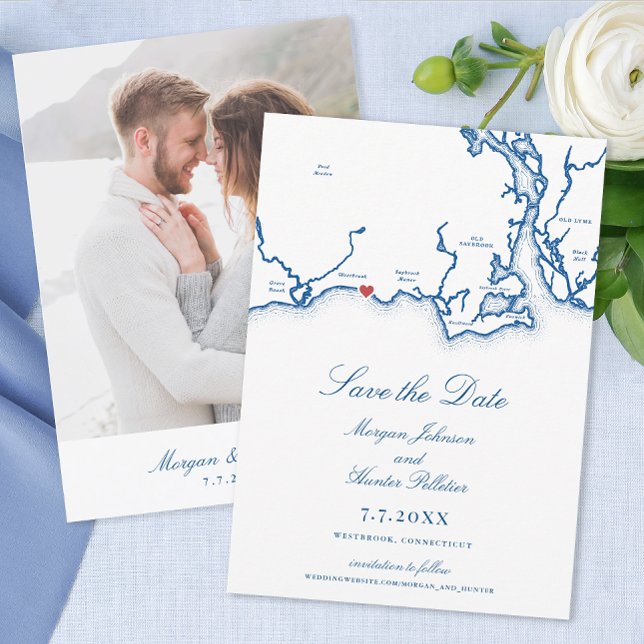 Reserve A Data Casamento Azul do Mapa Elegante do Marinho Westbro (Westbrook CT Map Wedding Save the Date for a Waters Edge Resort destination wedding in navy blue)