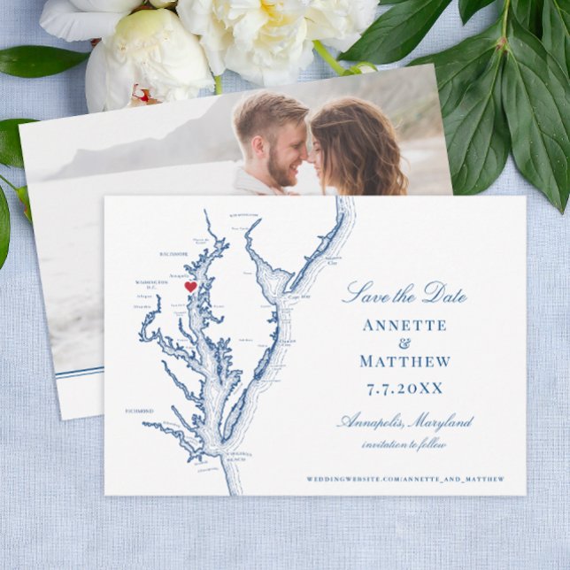 Reserve A Data Casamento Azul do Marinho de Chesapeake Bay Annapo (Annapolis MD Wedding Map Save the Date with Photo in elegant navy blue from Coastal Map Designs)