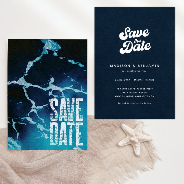 Reserve A Data Casamento Azul do Verão Costeiro Groovy Retrô (Criador carregado)