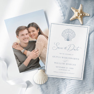 Reserve A Data Casamento Azul Dusty, Elegante Seashell de Praia