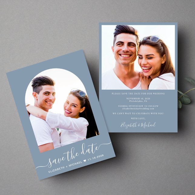 Reserve A Data Casamento Azul Dusty Foto do Arch de Script Elegan (Criador carregado)