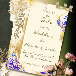 Reserve A Data Casamento Azul e Dourado Barroco Otomi Mexicano El