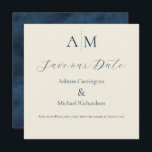 Reserve A Data Casamento Azul Ecru Monograma Moderno<br><div class="desc">Lindos monogramas da noiva e do noivo no topo deste lindo cartão de Save the Date de casamento. Fundo Ecru com fonte azul escuro para combinar com a parte de trás azul desgastada deste convite elegante. Absolutamente deslumbrante.</div>