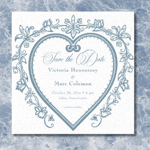 Reserve A Data Casamento Azul Elegante Vintage Chinoiserie Coraçã