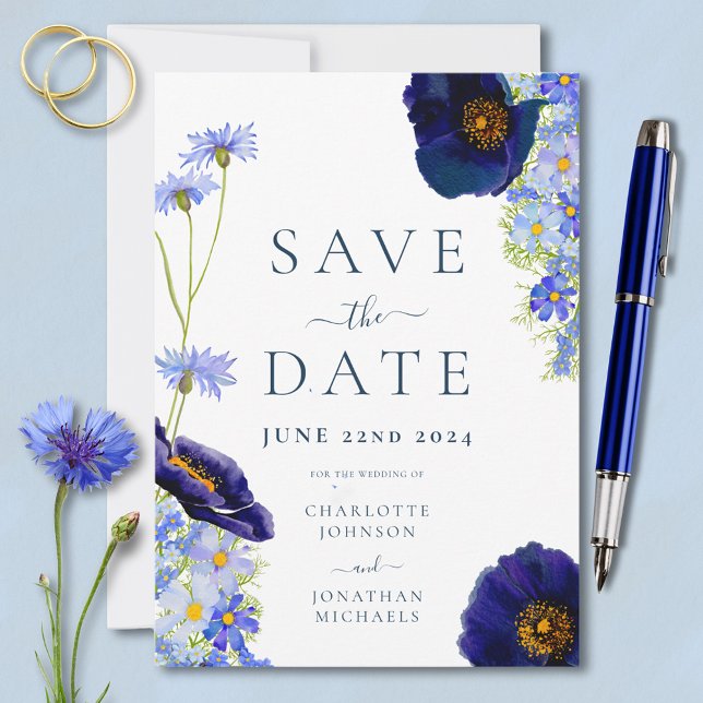 Reserve A Data Casamento Azul Floral de Verão Elegante (Elegant blue floral wedding save the date invitation with stylish typography )