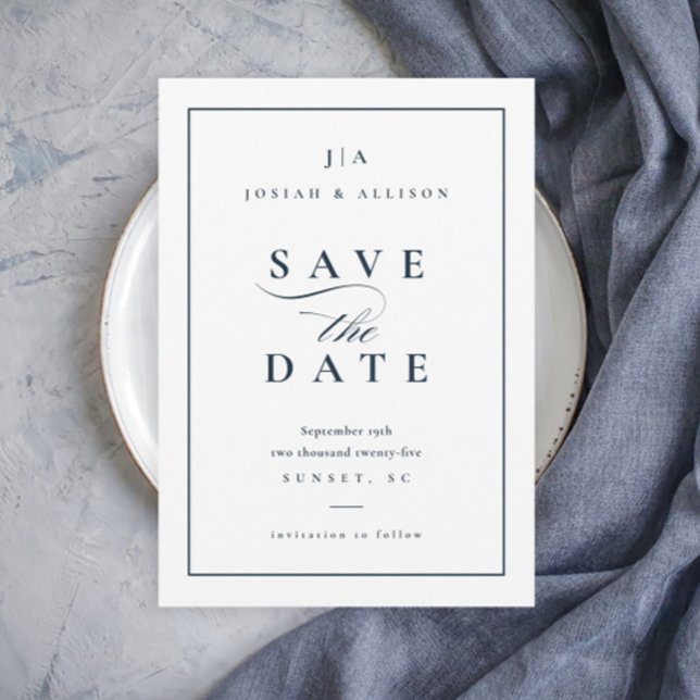 Reserve A Data Casamento Azul-Marinho Clássico Monograma Sem Foto (Elegant Simple Typography Navy Blue Wedding Save the Date.)