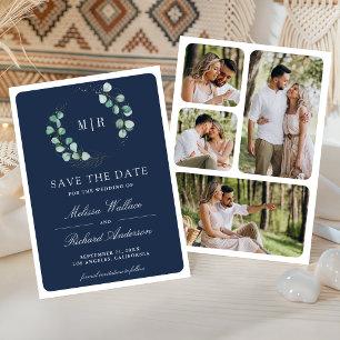 Reserve A Data Casamento Azul Marinho com Monograma de Eucalipto