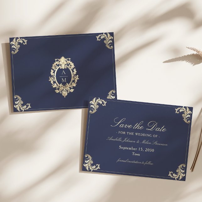 Reserve A Data Casamento Azul Marinho Dourado Barroco (Criador carregado)