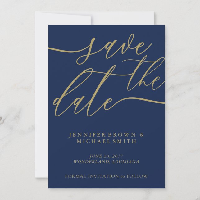 Reserve A Data Casamento Azul Marinho Dourado Save Date Foto Cali (Frente)