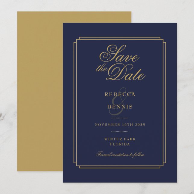 Reserve A Data Casamento Azul Marinho e Dourado com Arte Deco e C (Frente/Verso)
