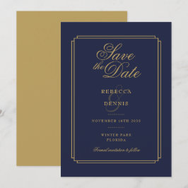 Reserve A Data Casamento Azul Marinho e Dourado com Arte Deco e C