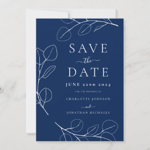 Reserve A Data Casamento Azul Marinho Folhas Simples Elegantes