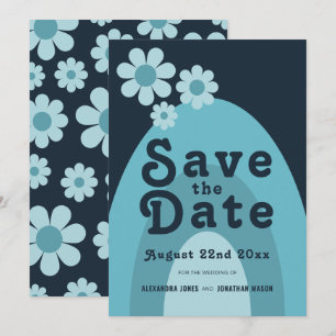 Reserve A Data Casamento Azul Moderno Retro dos Anos 70
