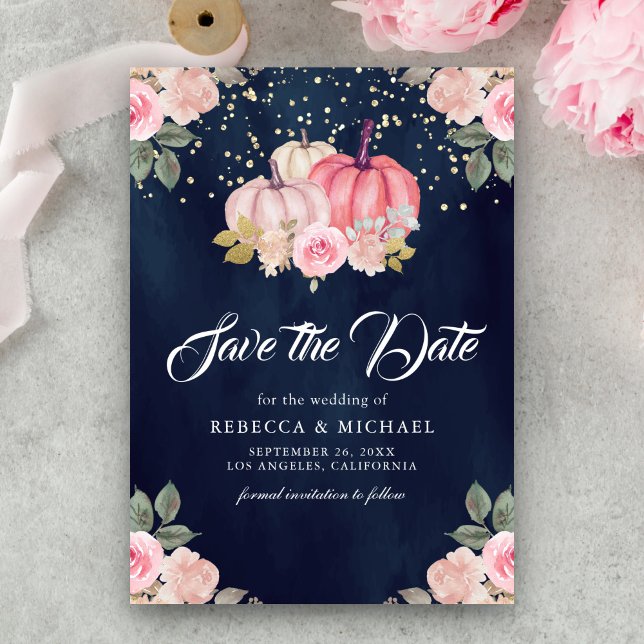Reserve A Data Casamento Azul Naval Floral Abóbora Dourada Rosa (Criador carregado)