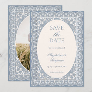 Reserve A Data Casamento Azul Poeira Elegante Renda Marfim Antigo