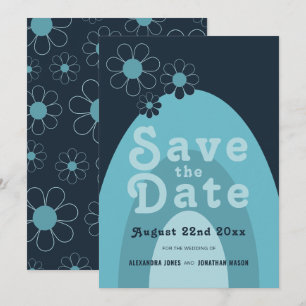 Reserve A Data Casamento Azul Retro Anos 70 Moderno Meados do Séc