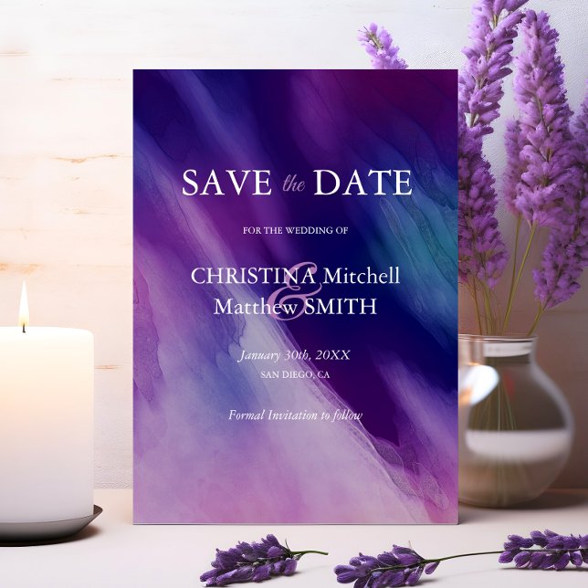 Reserve A Data Casamento Azul Roxo Moderno (Modern Purple Blue Wedding Save The Date)