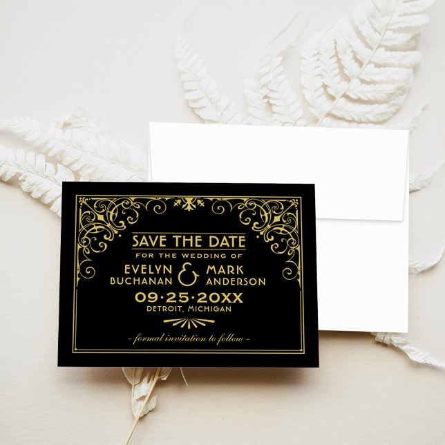 Reserve A Data Casamento Black Gold Art Deco Scrollwork (Criador carregado)