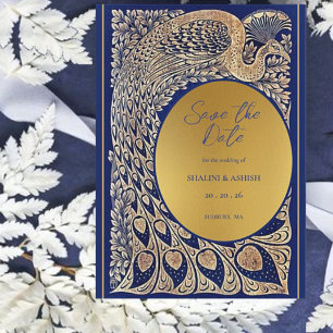 Reserve A Data Casamento Blue Dourado de Peacock Art Nouveau