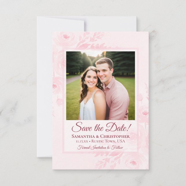 Reserve A Data Casamento Boho Chic Rosa Bege Peônias & Foto (Frente)