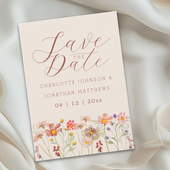 Reserve A Data Casamento Boho de Outono em um Campo de Flores Sil (Elegant boho watercolor wildflower meadow beige brown orange wedding save the date invitation)