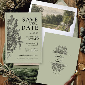 Reserve A Data Casamento Boho Monograma Floral Vintage em Verde S