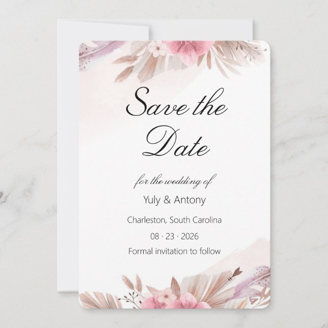 Reserve A Data Casamento Boho Romântico com Rosa e Champanhe Salv (Frente)