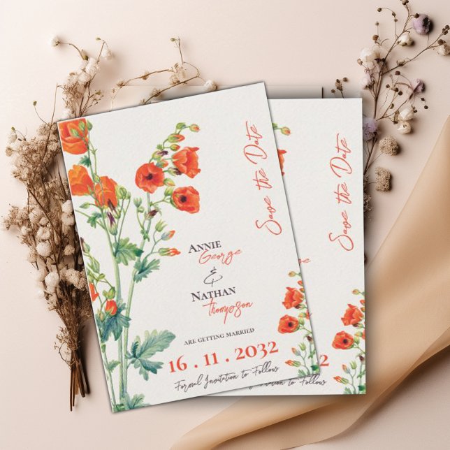 Reserve A Data Casamento Bonito com Flor Laranja Selvagem de Vint (Vintage Pretty Orange Wild Flower Script Wedding Save The Date)