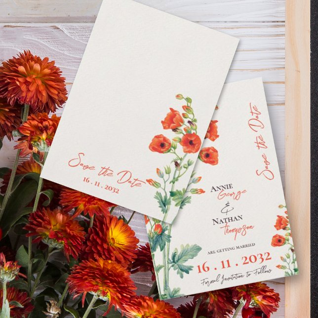 Reserve A Data Casamento Bonito com Flor Laranja Selvagem de Vint (Vintage Pretty Orange Wild Flower Script Wedding Save The Date Invitation)